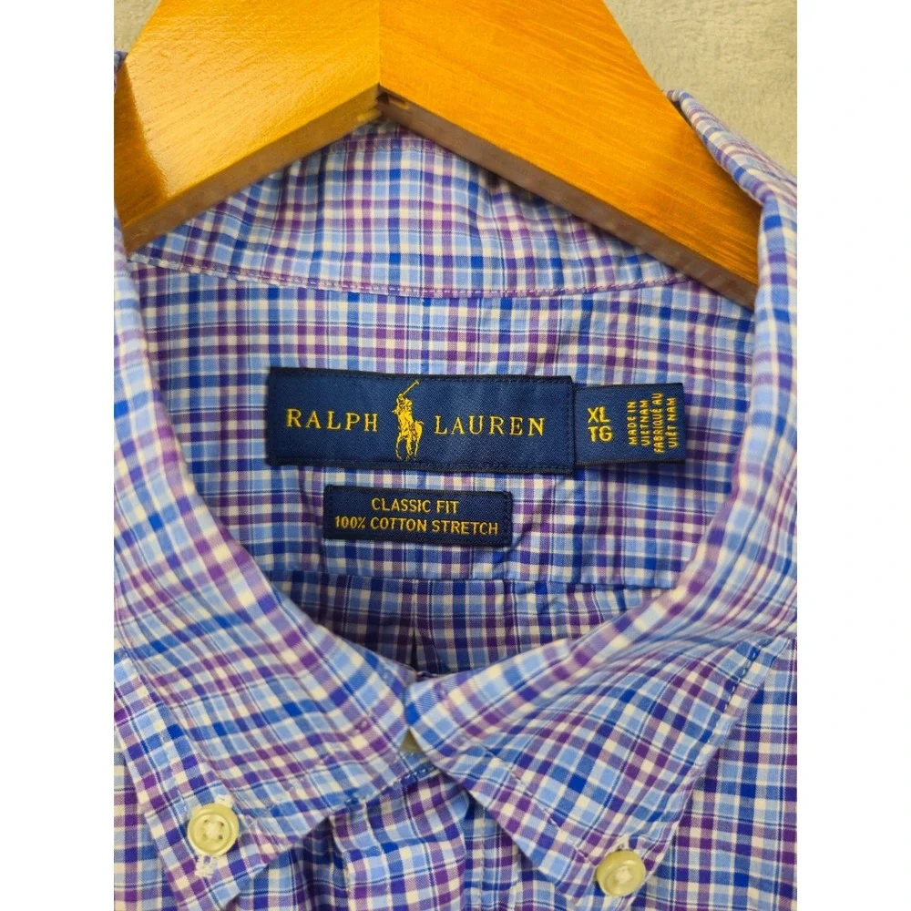 Polo Ralph Lauren Shirt Men's XL Blue Gingham Plaid Cotton Stretch Casual Work